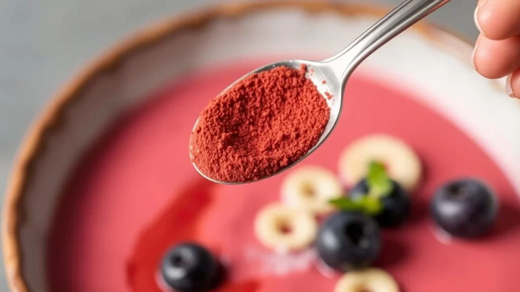Uma colher de pó de astaxantina é segurada acima de uma tigela de smoothie.