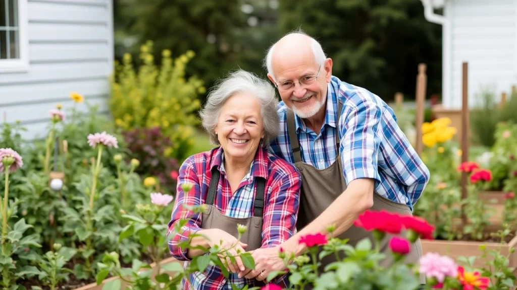 Longevidade Saudável. Um casal de idosos sorrindo enquanto jardina junto.